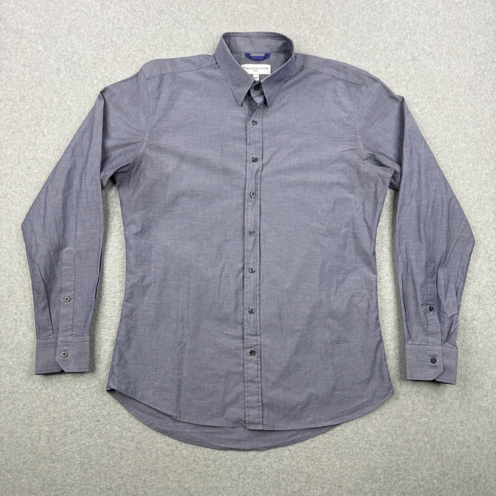 Teddy Stratford Shirt Mens 43‎ 44 Blue Zip Front Button Down Long Sleeve Cotton